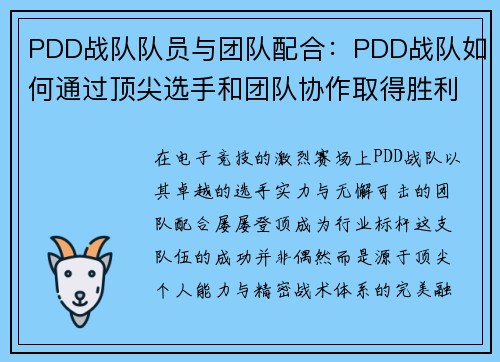 PDD战队队员与团队配合：PDD战队如何通过顶尖选手和团队协作取得胜利