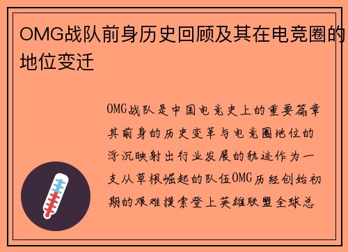 OMG战队前身历史回顾及其在电竞圈的地位变迁